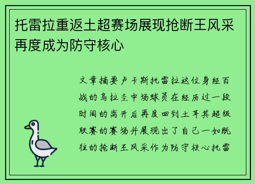 托雷拉重返土超赛场展现抢断王风采再度成为防守核心